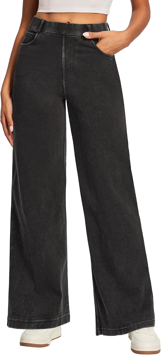 Women's Pull On Wide Leg Jeans - Elastic Waist Sweatpant Denim with Five Pockets and No Zipper - Petite