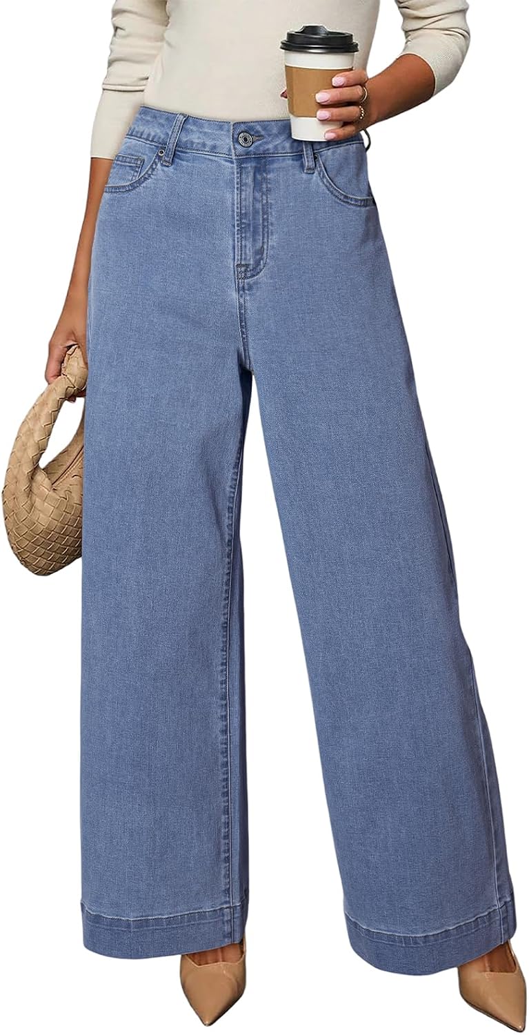 Women's High Waisted Wide Leg Jeans - Loose Stretch Denim with a Straight Leg for Everyday Casual Wear - 2