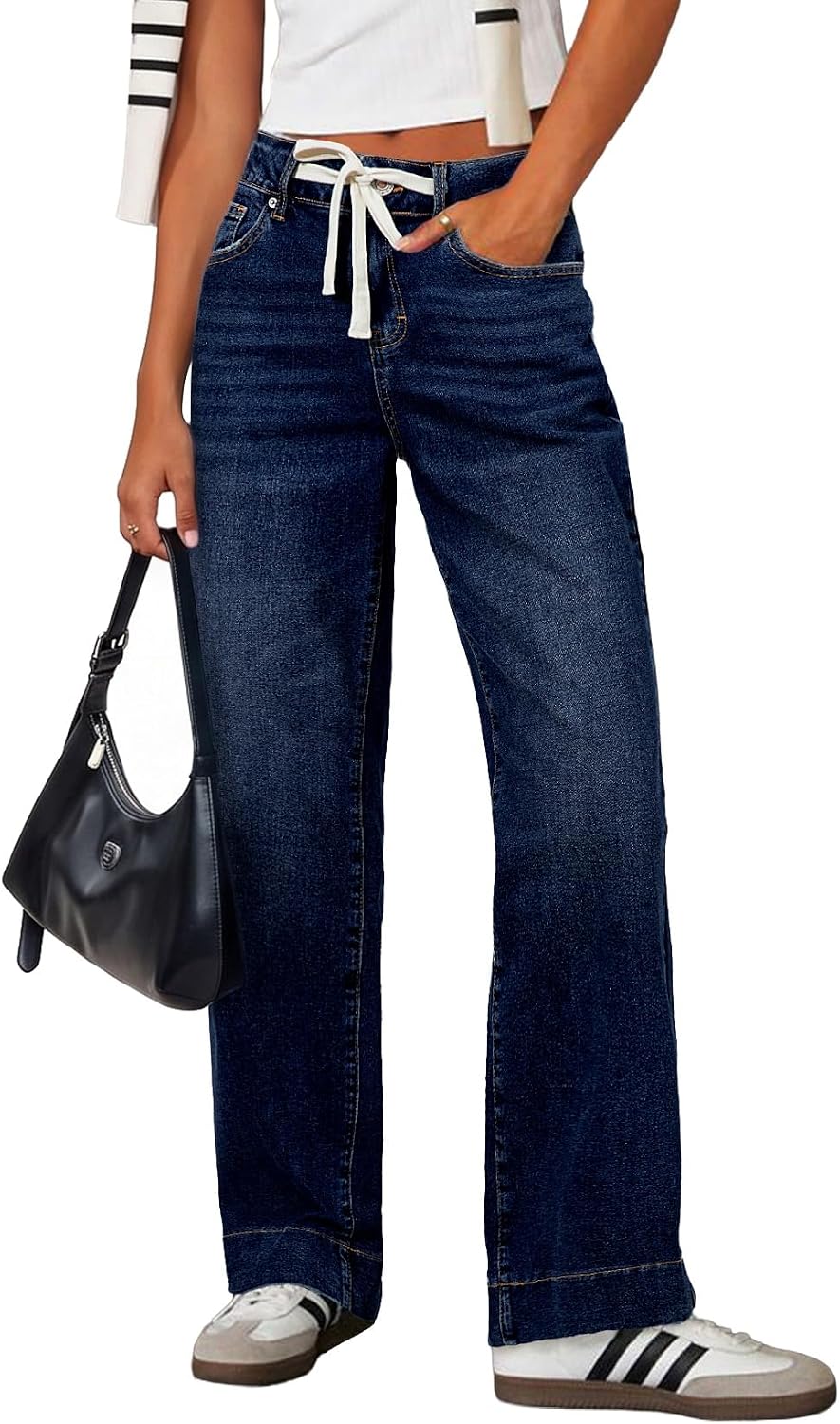 Women's High Rise Straight Leg Jeans - Stretch Denim with an Adjustable Drawstring and Pockets - 4