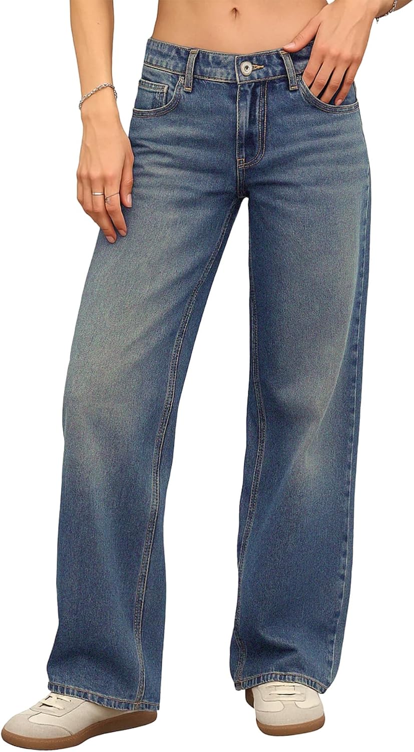 Women's Low Rise Baggy Jeans - Straight Leg Stretch Denim in a Loose Boyfriend Fit for Y2k Outfits - 2