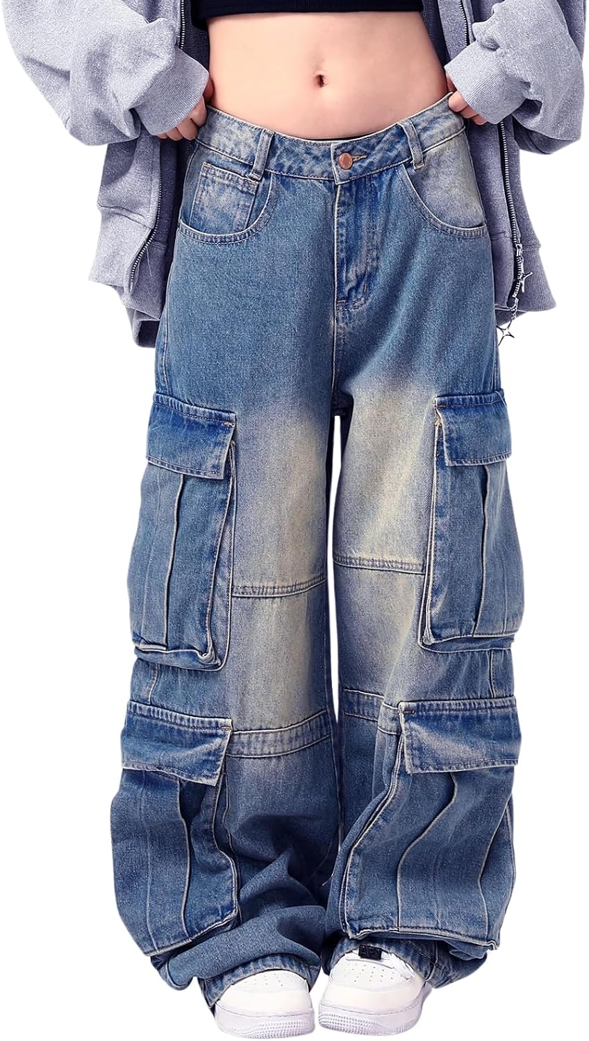 Women's Cargo Jeans - Low Waist Baggy Wide Leg Denim with Multiple Pockets for Grunge Streetwear - Small (7)
