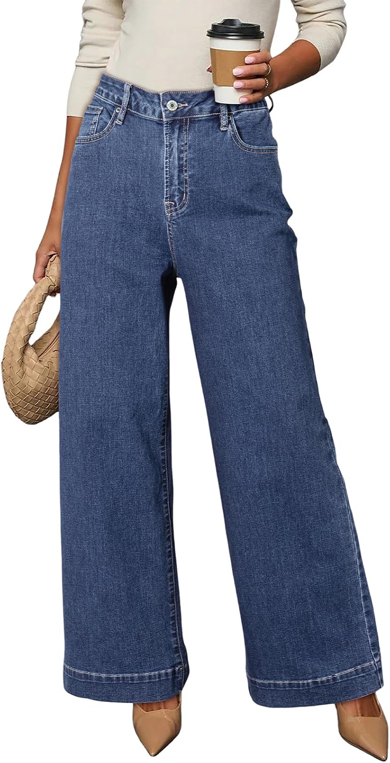 Women's High Waisted Wide Leg Jeans - Loose Stretch Denim with a Straight Leg for Everyday Casual Wear - 2