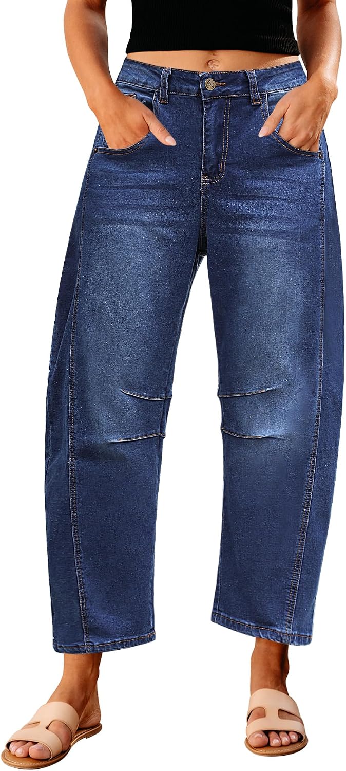 Women's High Rise Barrel Jeans - Cropped Stretch Denim with Seam Detailing for Dressy Casual Outfits - Small