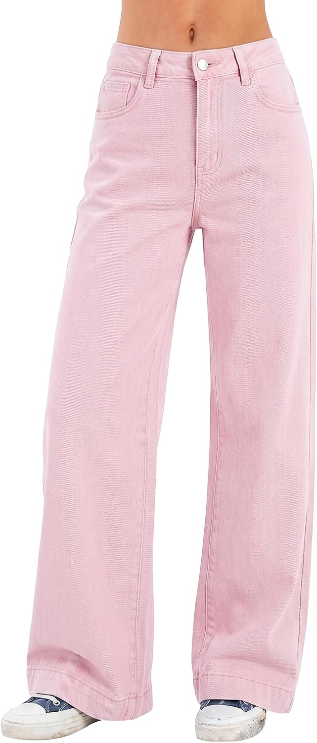 Women's High Waist Wide Leg Jeans - Stretchy Baggy Denim Trousers with Pockets for Relaxed Daily Wear - Medium (18)