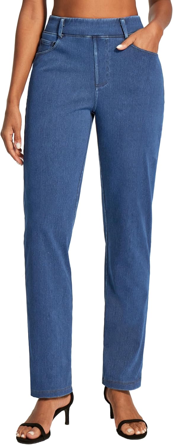 Women's Pull On Straight Leg Jeans - Elastic Waist Tummy Control Denim in Two Lengths for the Office - Petite (2)