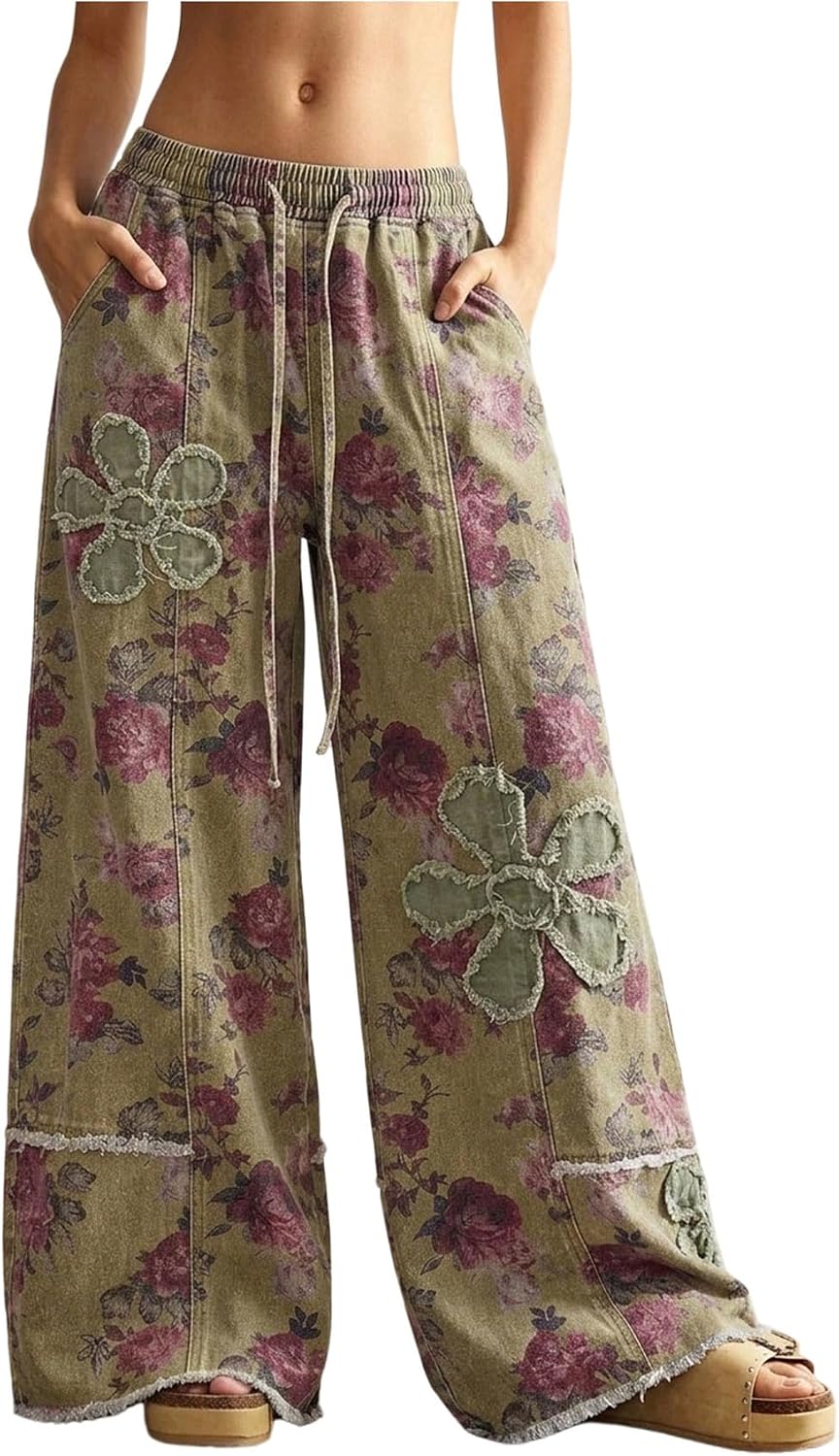 Women's Floral Baggy Wide Leg Jeans - Low Rise Denim Boho Pants with Drawstring Elastic Waist - Small
