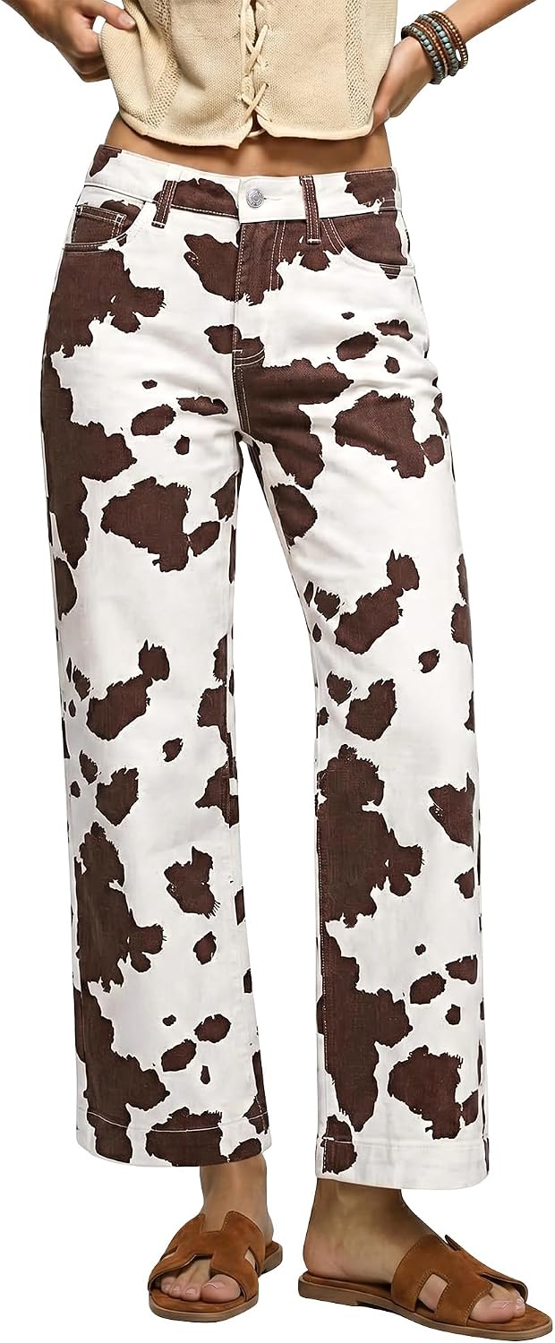Women's Leopard Print Wide Leg Jeans - Ankle Length Stretch Denim with a High Waist for Fall Outfits - Small (10)