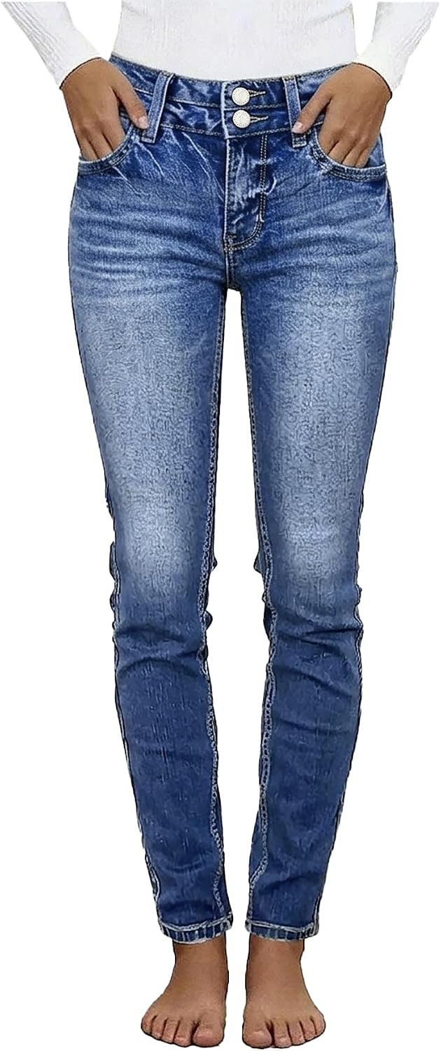 Women's High Rise Skinny Jeans - Butt Lifting Slim Fit Stretch Denim with a Double Button Closure - Ash Blue