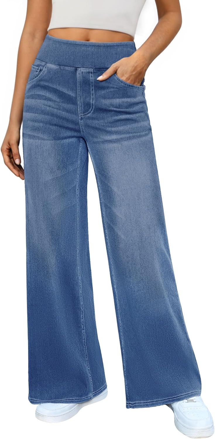 Women's Pull On Wide Leg Jeans - Elastic Waist Sweatpant Denim with Tummy Control for Work Days - Black (4)