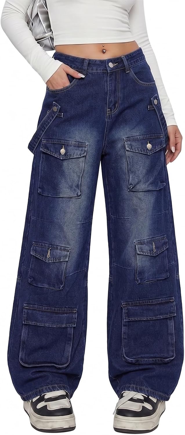 Women's Cargo Jeans - Low Waist Baggy Wide Leg Denim with Multiple Pockets for Grunge Streetwear - Small