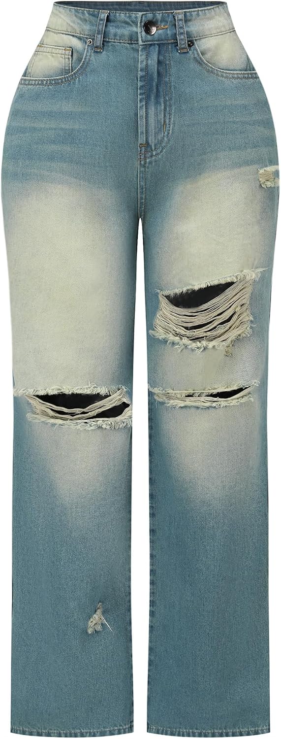 Women's High Waisted Wide Leg Jeans - Distressed Stretch Denim in Fourteen Washes for Casual Days - 6