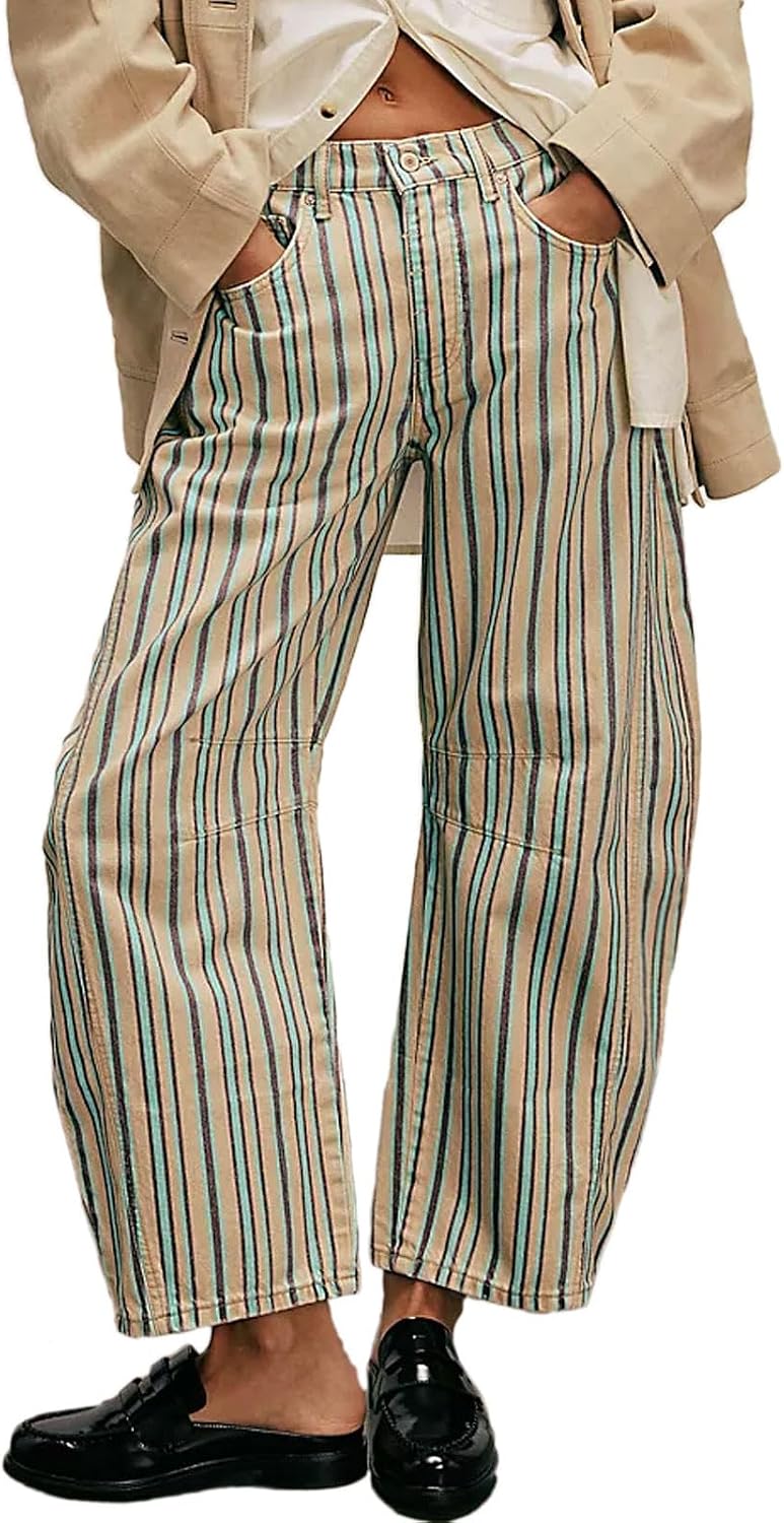 Women's Floral Print Barrel Jeans - Mid Rise Baggy Wide Leg Ankle Denim with Patchwork Detail - Small (14)