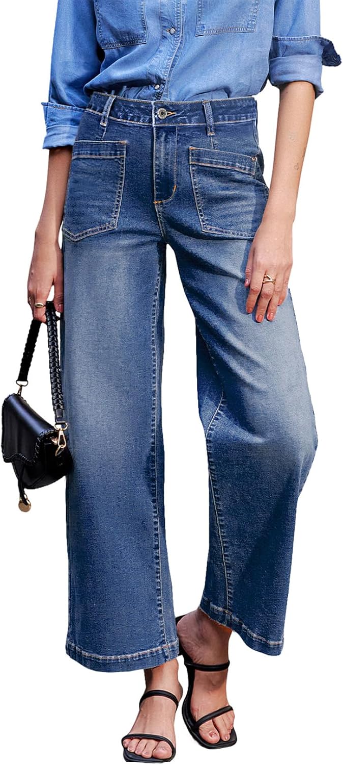 Women's Wide Leg Ankle Jeans - High Waisted Stretch Denim with Four Patch Pockets and Distressing - 4