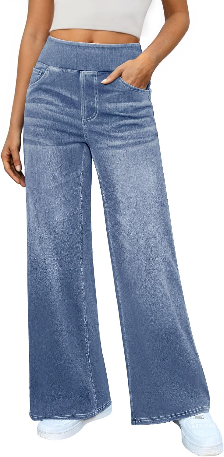 Women's Pull On Wide Leg Jeans - Elastic Waist Sweatpant Denim with Tummy Control for Work Days - Black