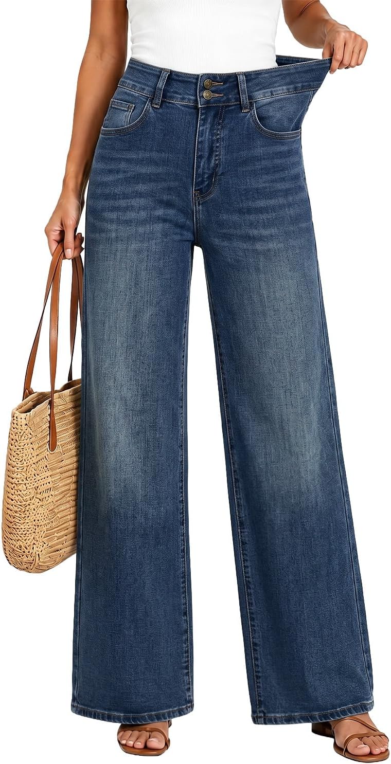 Women's High Rise Wide Leg Jeans - Relaxed Baggy Stretch Denim with a Double Button Waist - 2