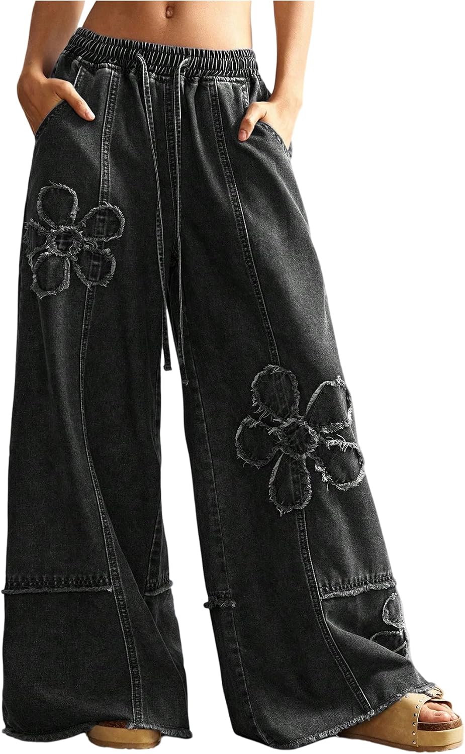 Women's Floral Baggy Wide Leg Jeans - Low Rise Denim Boho Pants with Drawstring Elastic Waist - Small (7)