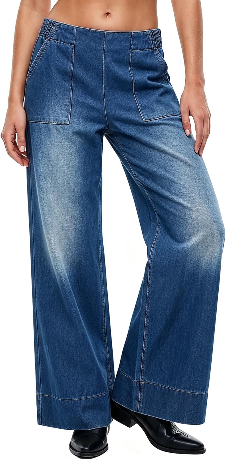 Women's Elastic Waist Wide Leg Jeans - Full Length Baggy Denim Pants for Relaxed Everyday Wear - Small