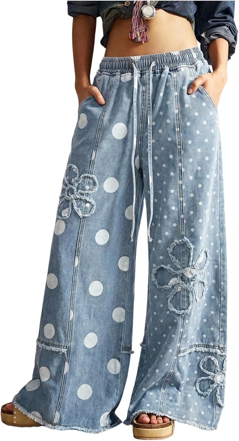 Women's Floral Baggy Wide Leg Jeans - Low Rise Denim Boho Pants with Drawstring Elastic Waist - Small