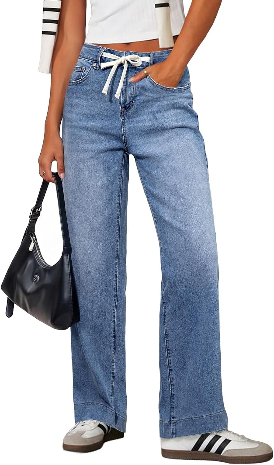 Women's High Rise Straight Leg Jeans - Stretch Denim with an Adjustable Drawstring and Pockets - 2