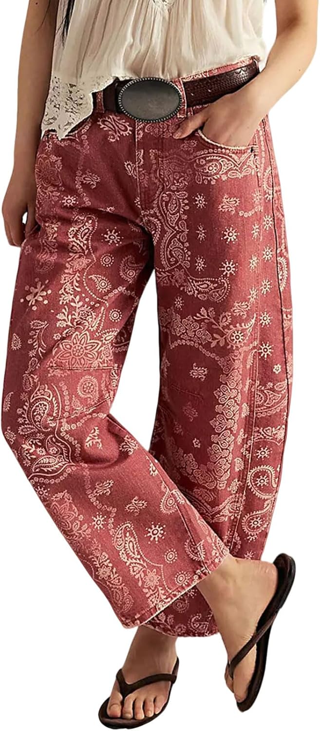 Women's Floral Print Barrel Jeans - Mid Rise Baggy Wide Leg Ankle Denim with Patchwork Detail - Small