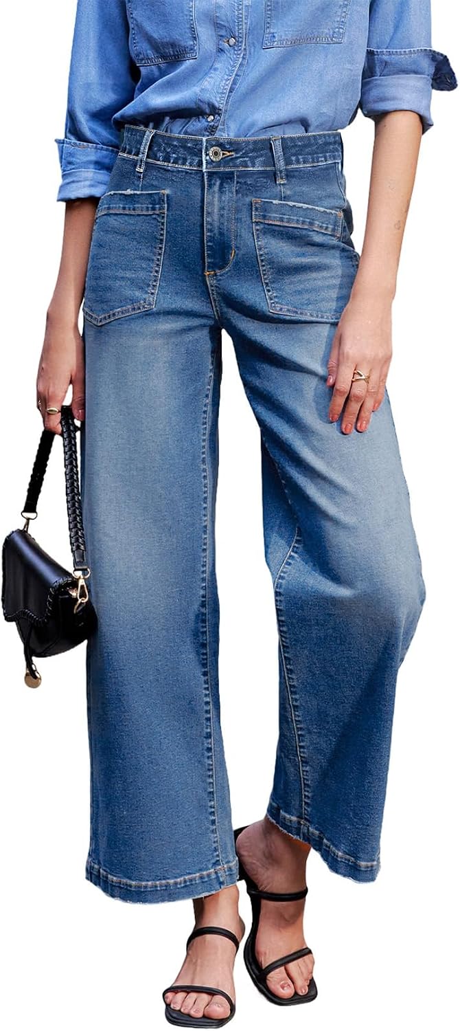 Women's Wide Leg Ankle Jeans - High Waisted Stretch Denim with Four Patch Pockets and Distressing - 4