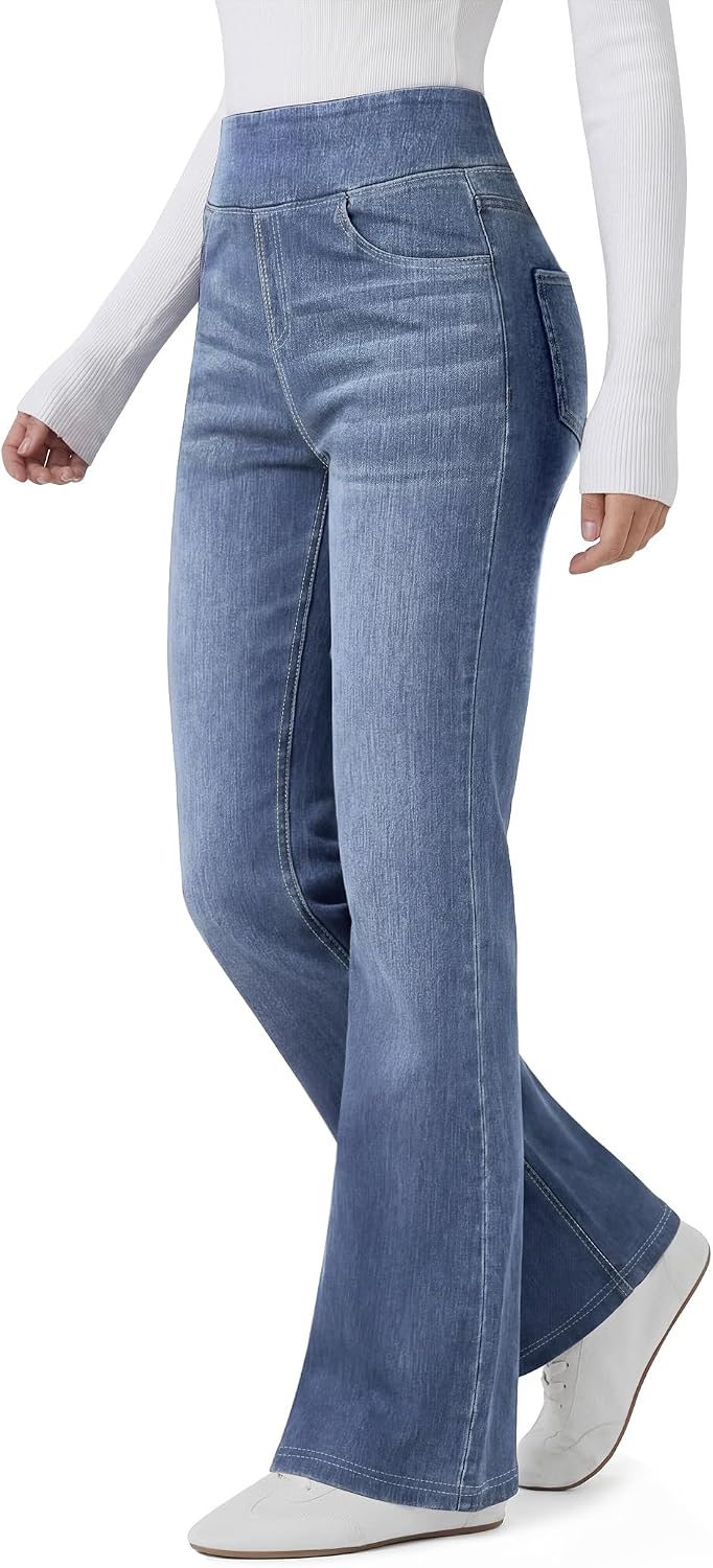 Women's Soft Stretch Denim Flare Jeans - High Waisted Pull On Bootcut with Pockets for Work and Travel - Small