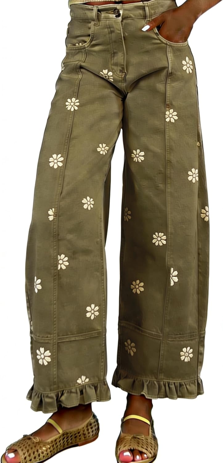 Women's Floral Print Barrel Jeans - Wide Leg Baggy Boyfriend Denim with Patchwork Panels - Small