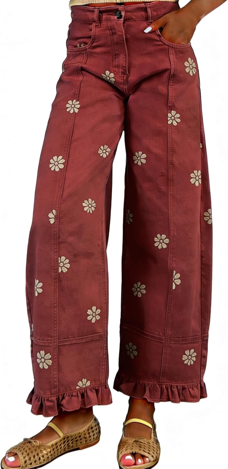Women's Floral Print Barrel Jeans - Wide Leg Baggy Boyfriend Denim with Patchwork Panels - Small