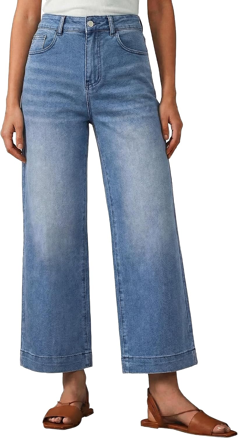 Women's High Waist Wide Leg Jeans - Stretchy Baggy Denim Trousers with Pockets for Relaxed Daily Wear - Medium