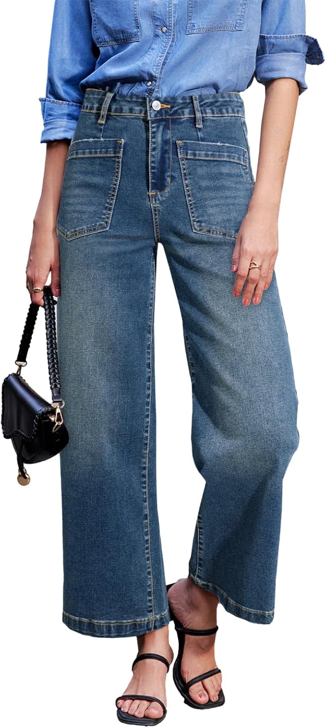 Women's Wide Leg Ankle Jeans - High Waisted Stretch Denim with Four Patch Pockets and Distressing - 2