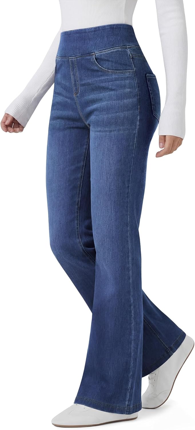 Women's Soft Stretch Denim Flare Jeans - High Waisted Pull On Bootcut with Pockets for Work and Travel - Small
