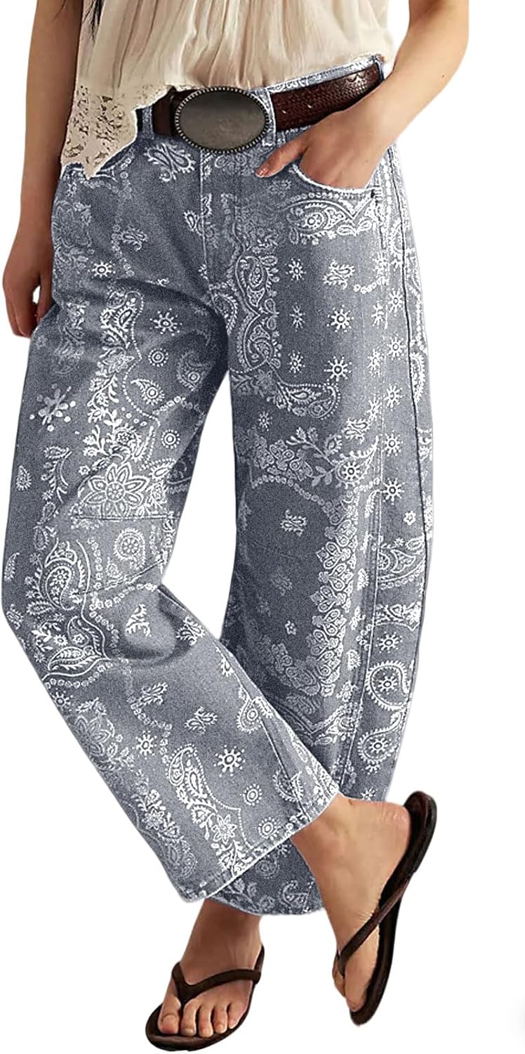 Women's Floral Print Barrel Jeans - Mid Rise Baggy Wide Leg Ankle Denim with Patchwork Detail - Small