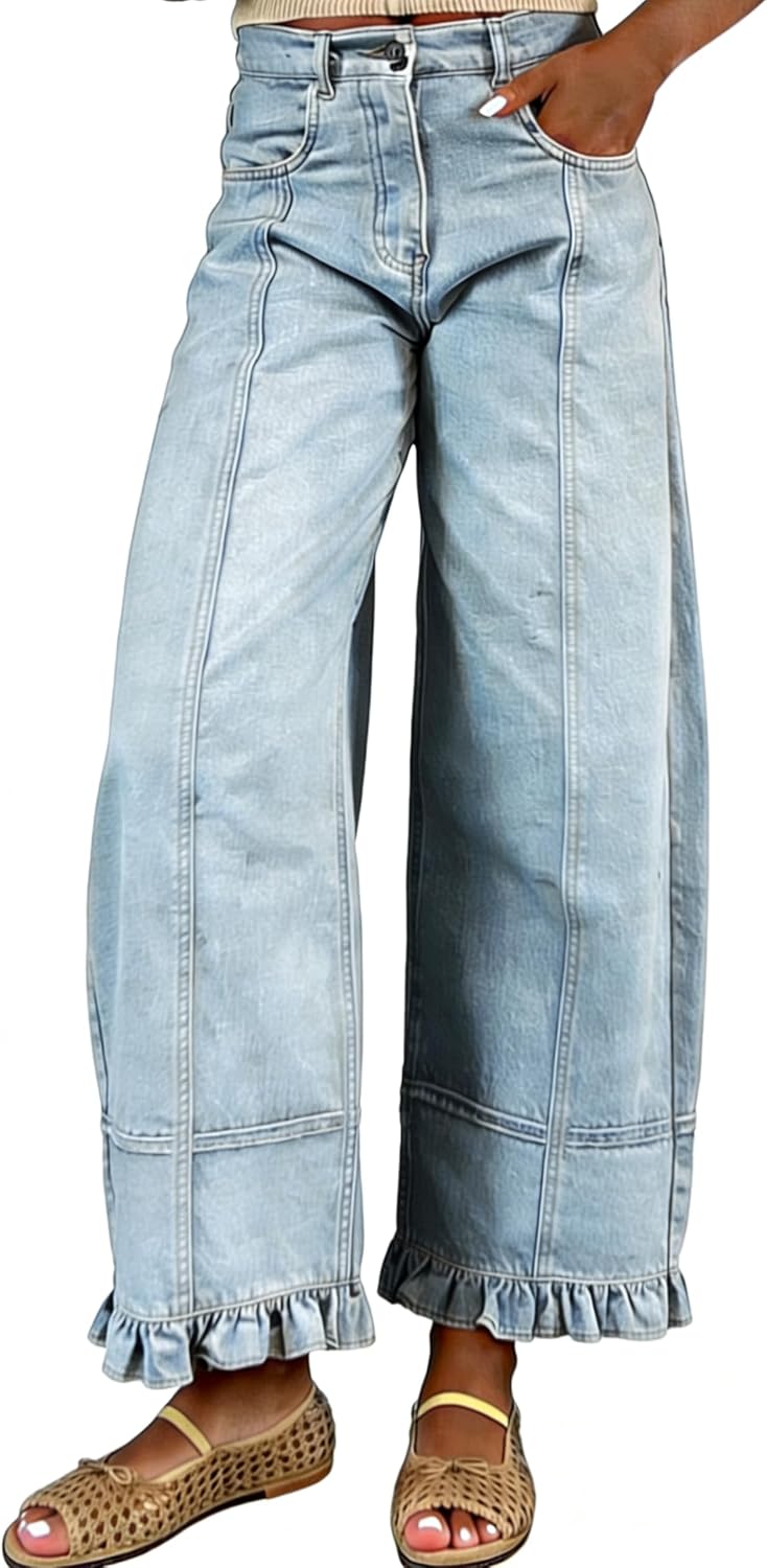 Women's Floral Print Barrel Jeans - Wide Leg Baggy Boyfriend Denim with Patchwork Panels - Medium