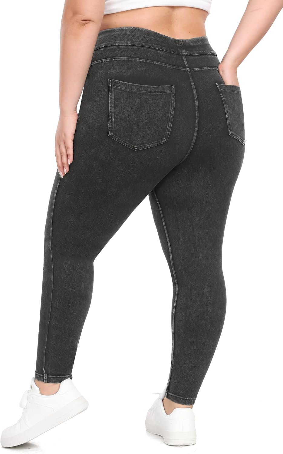 Women's Pull On Denim Jeggings - High Waist Skinny Leggings with Tummy Control and Four Pockets - Plus Size