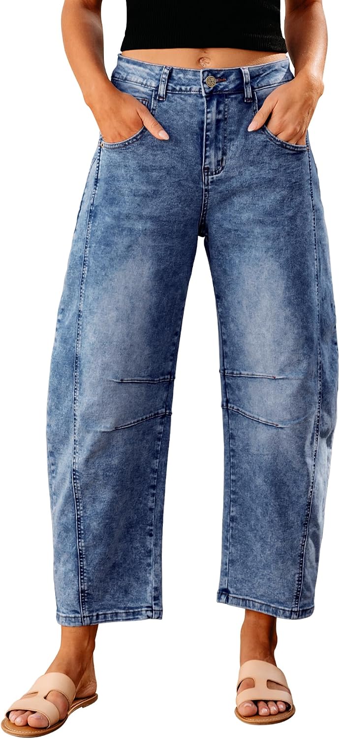Women's High Rise Barrel Jeans - Cropped Stretch Denim with Seam Detailing for Dressy Casual Outfits - Small