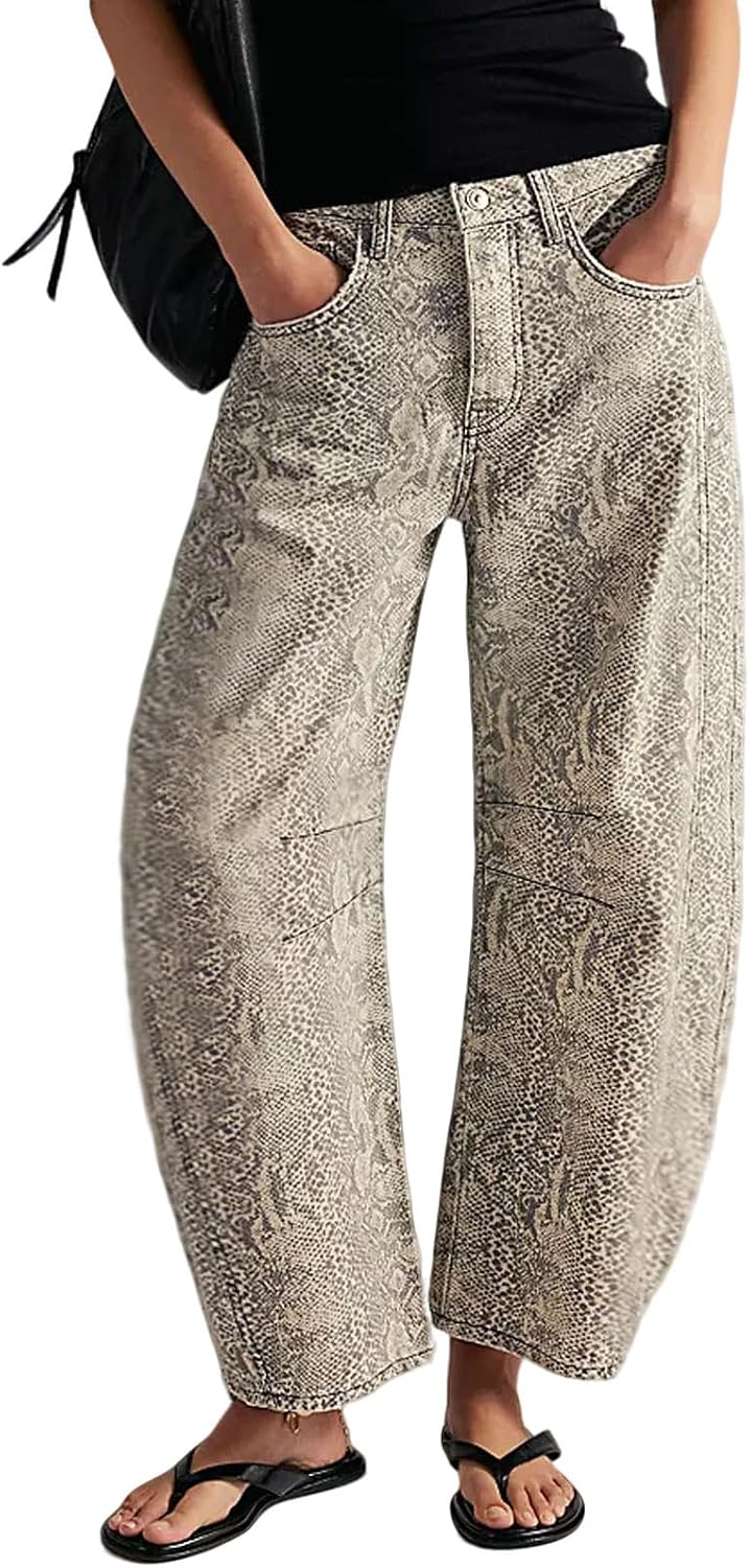 Women's Floral Print Barrel Jeans - Mid Rise Baggy Wide Leg Ankle Denim with Patchwork Detail - Small (9)