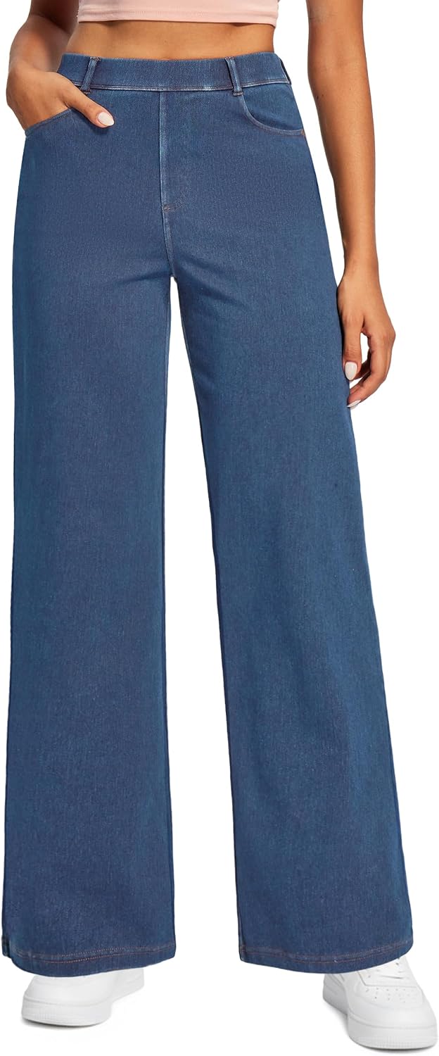 Women's Pull On Wide Leg Jeans - Elastic Waist Sweatpant Denim with Five Pockets and No Zipper - Petite (4)