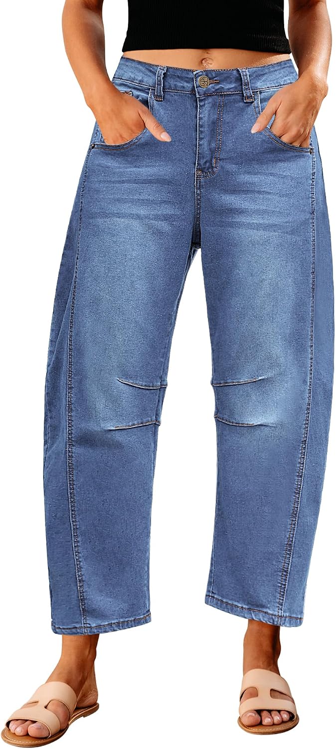 Women's High Rise Barrel Jeans - Cropped Stretch Denim with Seam Detailing for Dressy Casual Outfits - Small (9)