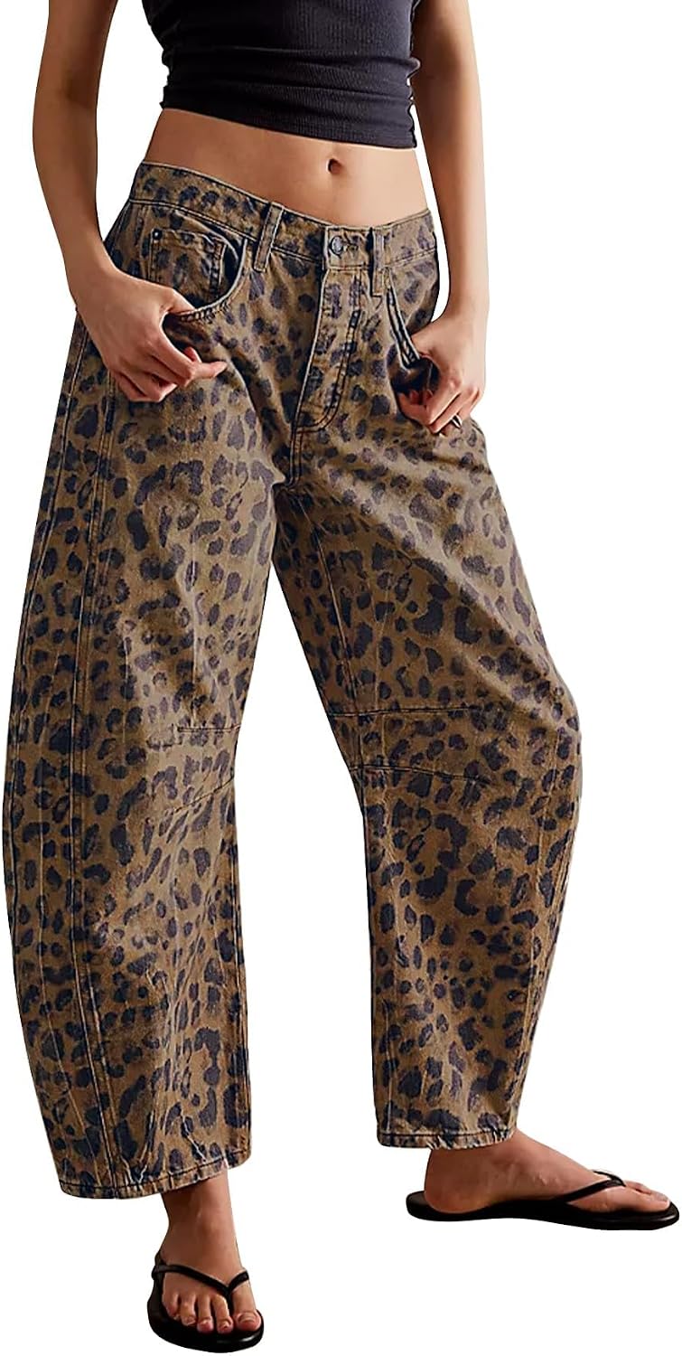 Women's Leopard Print Barrel Jeans - Cropped Baggy Denim with a Tapered Hem for Casual Y2k Outfits - Small