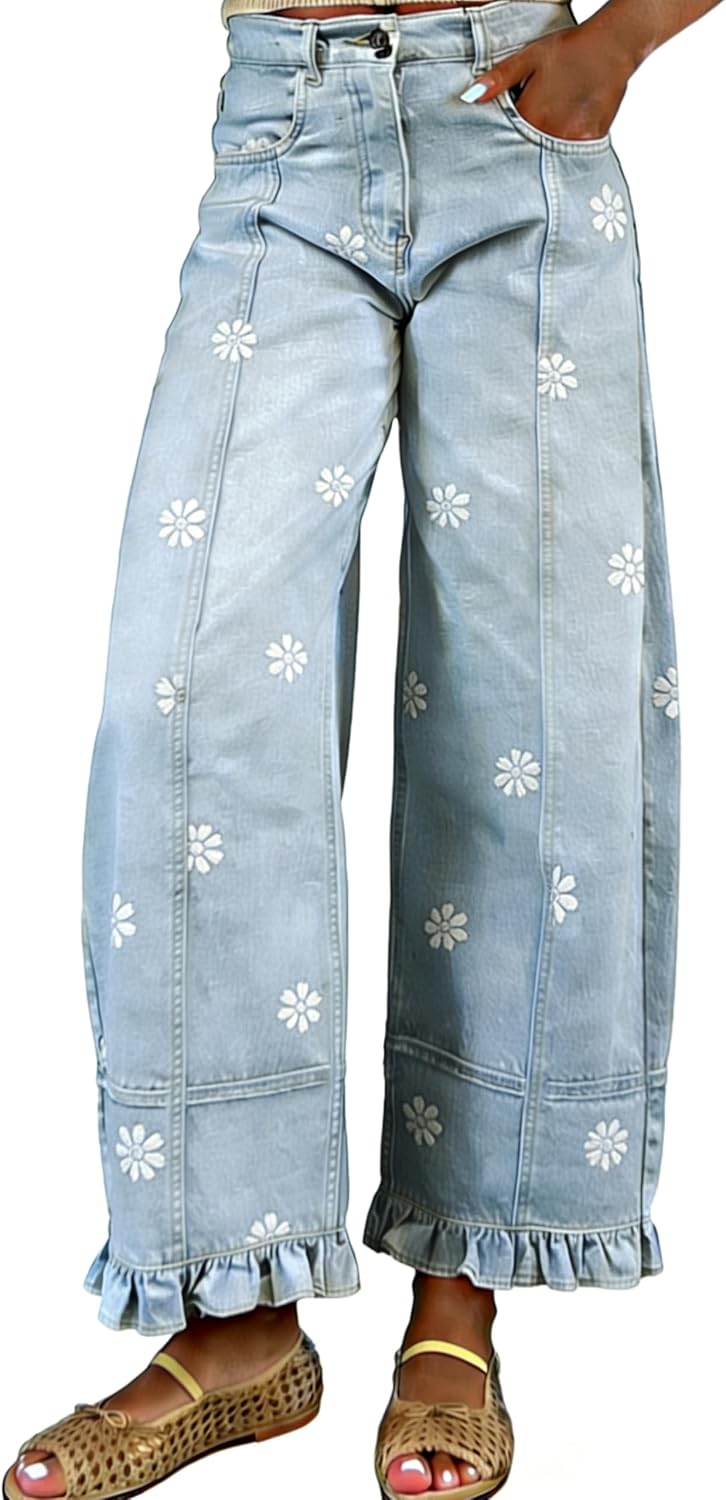 Women's Floral Print Barrel Jeans - Wide Leg Baggy Boyfriend Denim with Patchwork Panels - Small (12)