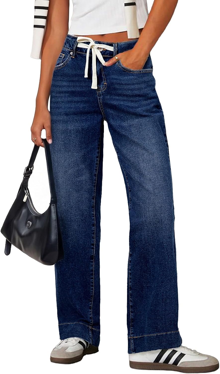 Women's High Rise Straight Leg Jeans - Stretch Denim with an Adjustable Drawstring and Pockets - 2