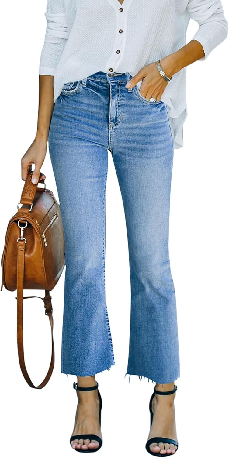 Women's Stretch Denim Flare Jeans - High Rise Raw Hem Ankle Crop with Bootcut Leg for Daily Wear - 2