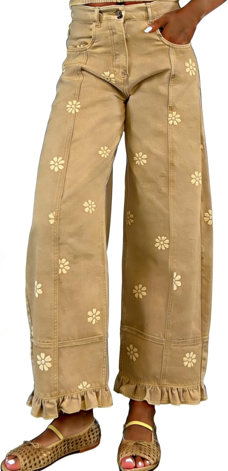 Women's Floral Print Barrel Jeans - Wide Leg Baggy Boyfriend Denim with Patchwork Panels - Small (11)