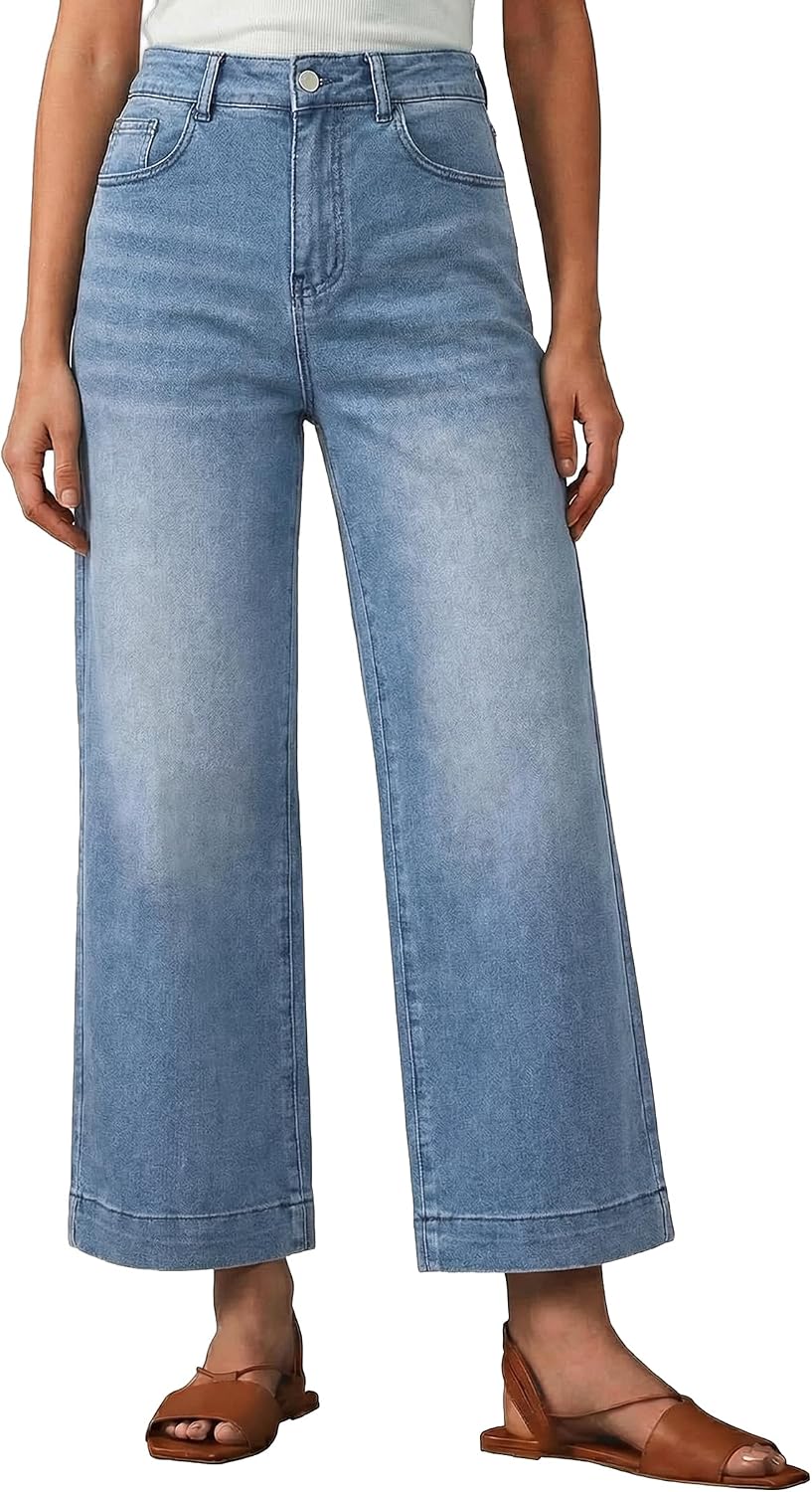Women's High Waist Wide Leg Jeans - Stretchy Baggy Denim Trousers with Pockets for Relaxed Daily Wear - Medium