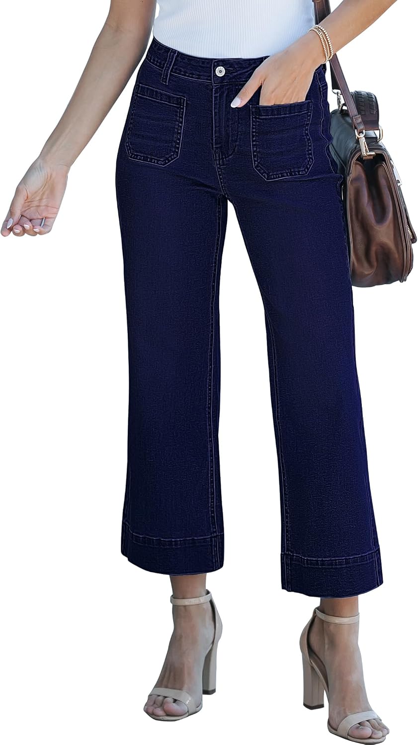 Women's Cropped Flare Jeans - High Rise Wide Leg Denim with Front Patch Pockets for Concert Outfits - Medium