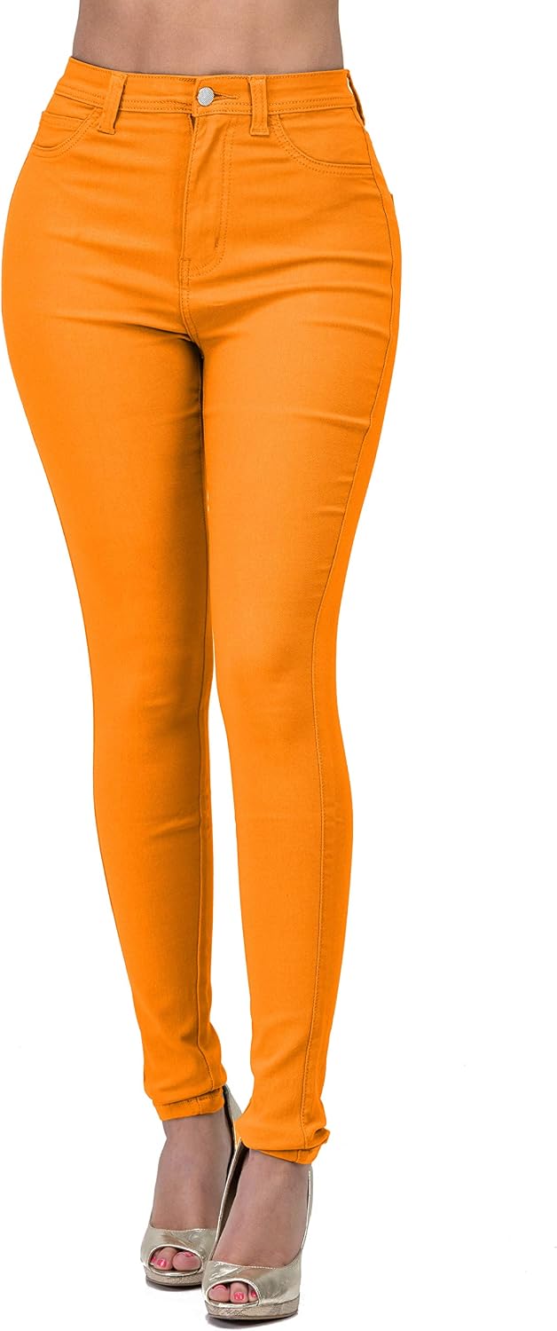 Women's Colored Skinny Jeans - High Rise Destroyed Ripped Stretch Denim in Olive, Mustard and Red - Large