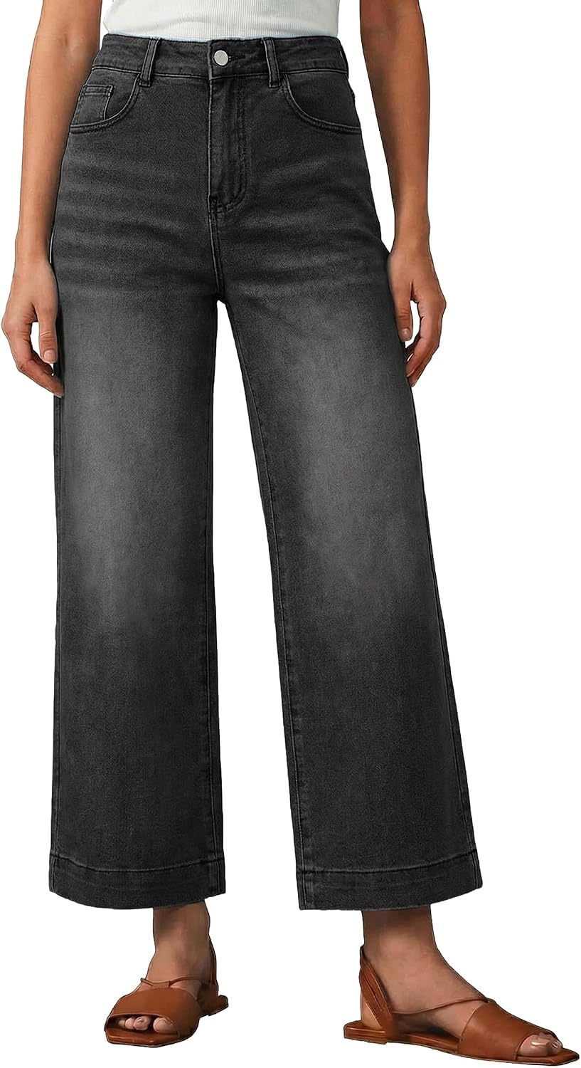 Women's High Waist Wide Leg Jeans - Stretchy Baggy Denim Trousers with Pockets for Relaxed Daily Wear - Small (14)