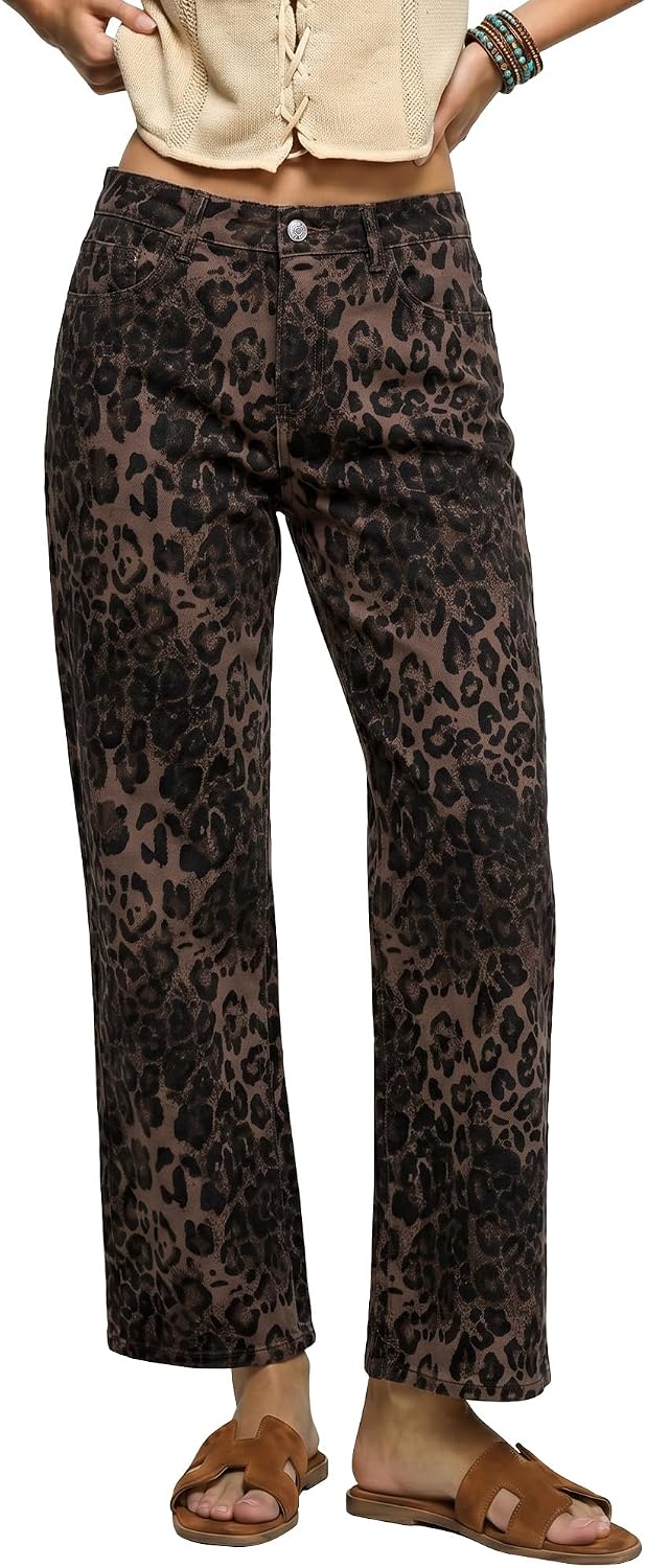 Women's Leopard Print Wide Leg Jeans - Ankle Length Stretch Denim with a High Waist for Fall Outfits - Small
