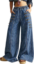 Women's Floral Baggy Wide Leg Jeans - Low Rise Denim Boho Pants with Drawstring Elastic Waist - Small (8)
