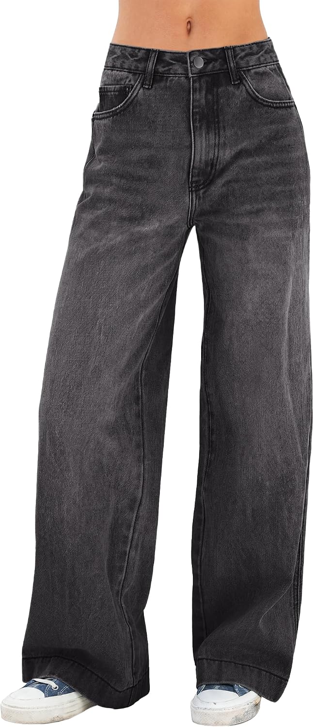 Women's High Waist Wide Leg Jeans - Stretchy Baggy Denim Trousers with Pockets for Relaxed Daily Wear - Small